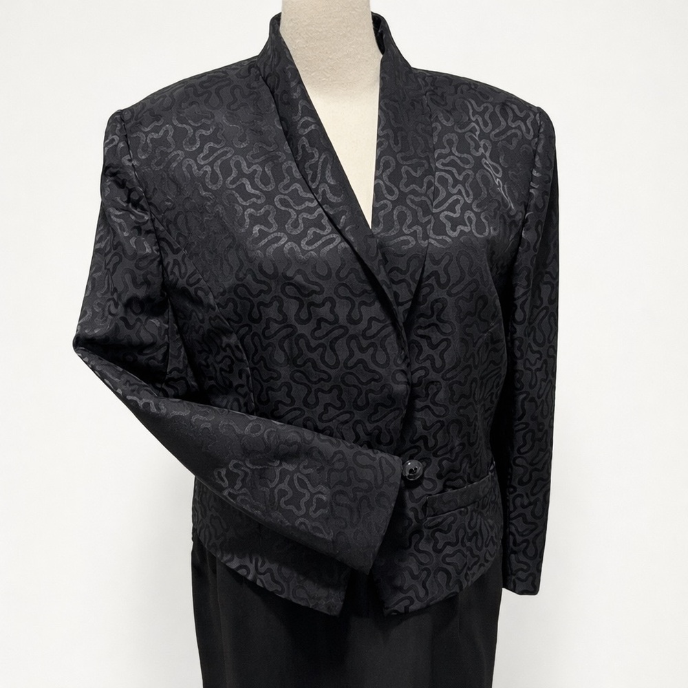 Vintage 80s Counterparts Black Satin Jacquard Evening Jacket Shawl Collar 8 - Picture 3 of 11